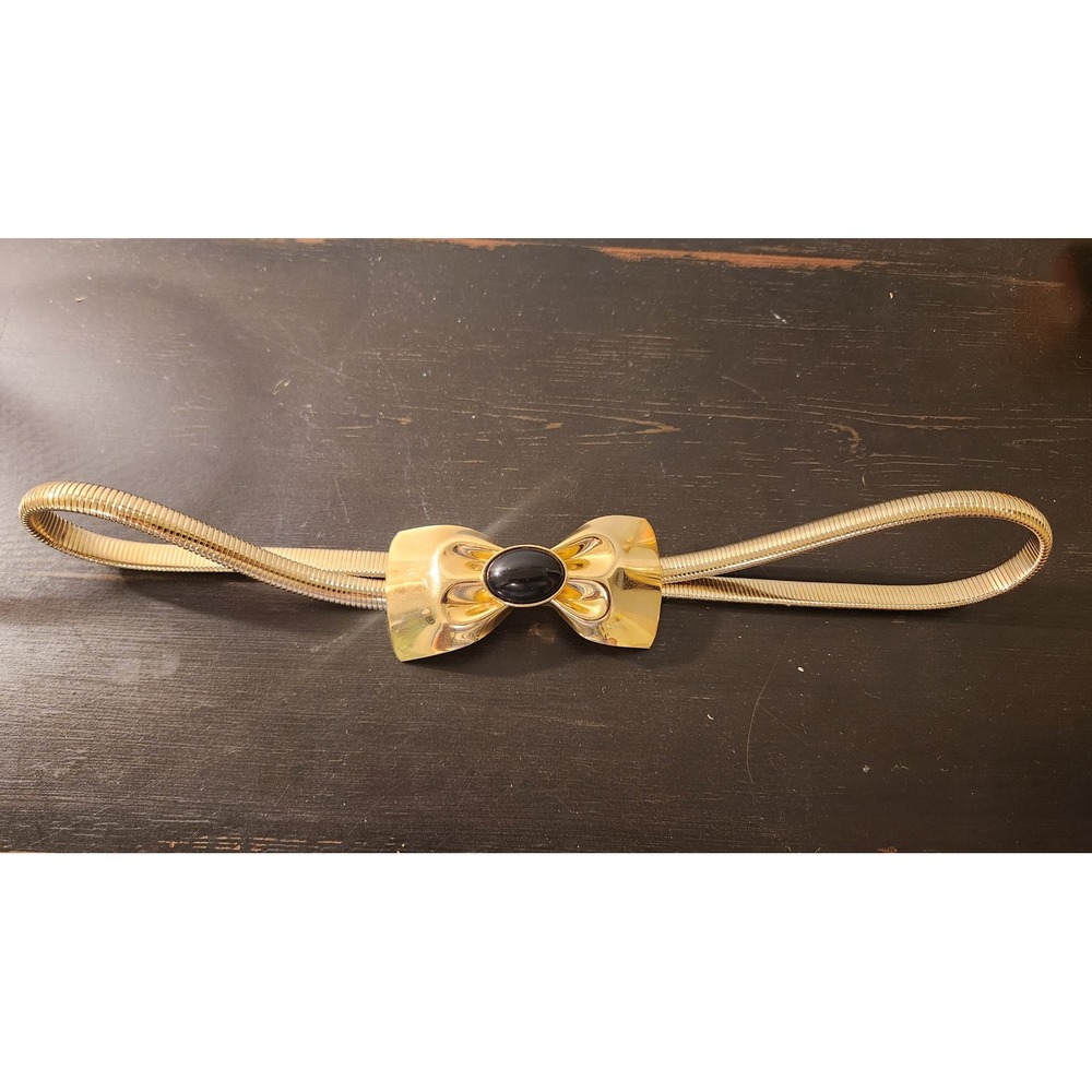 Vintage Gold Tone Snake Chain Stretch Belt Black Cabochon Bow Buckle Womens